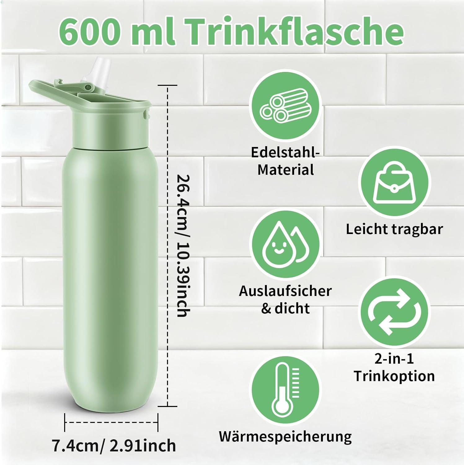 image:imageGourde Isotherme 600 ml Bouteille en Acier Inox avec Paille Mug Thermique Double Paroi Bouteille deau de Sport tanche Sans BPA pour Bureau cole Sport Voyage VertVert