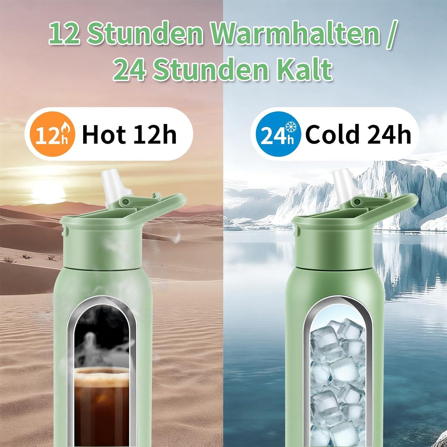 image:imageGourde Isotherme 600 ml Bouteille en Acier Inox avec Paille Mug Thermique Double Paroi Bouteille deau de Sport tanche Sans BPA pour Bureau cole Sport Voyage VertVert