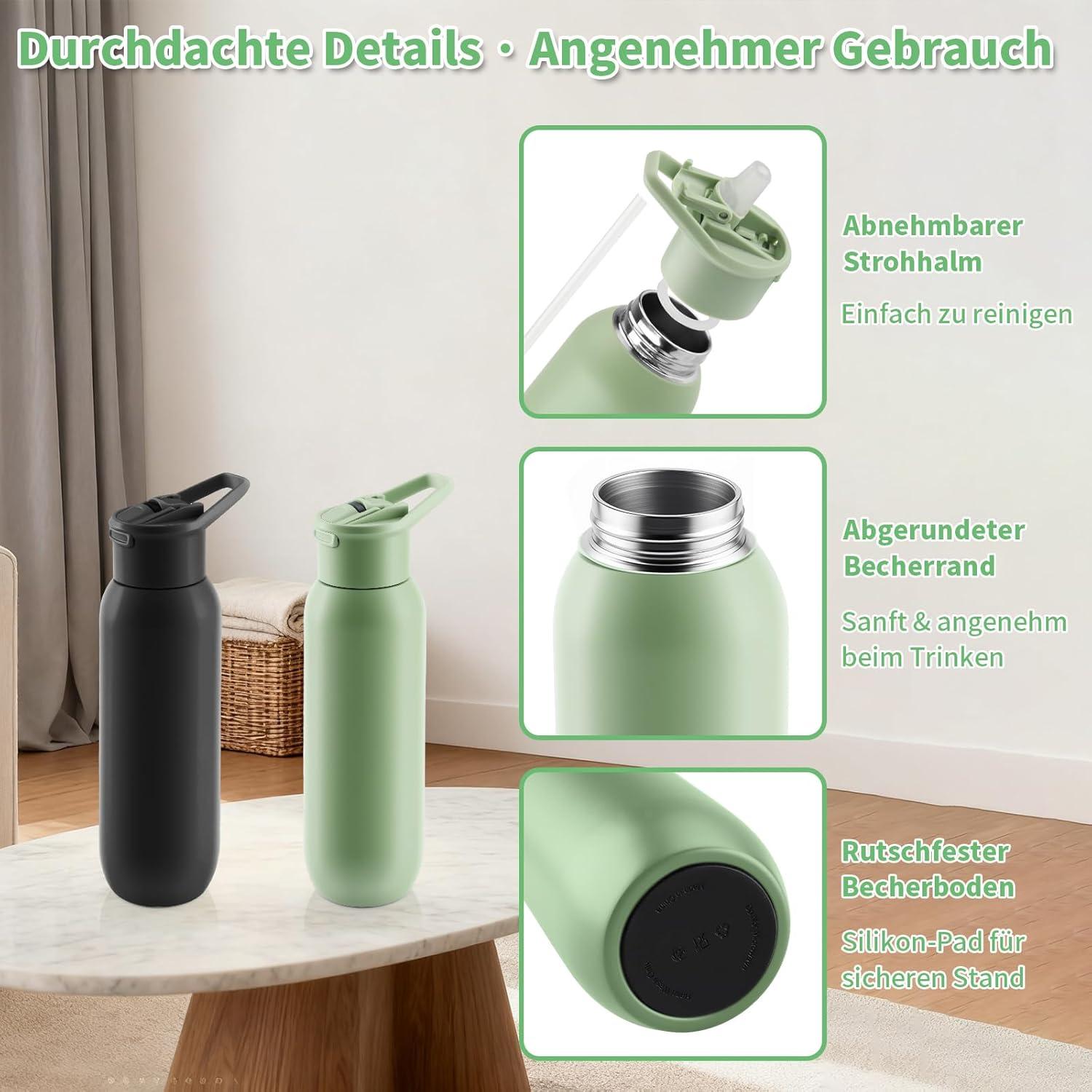 image:imageGourde Isotherme 600 ml Bouteille en Acier Inox avec Paille Mug Thermique Double Paroi Bouteille deau de Sport tanche Sans BPA pour Bureau cole Sport Voyage VertVert
