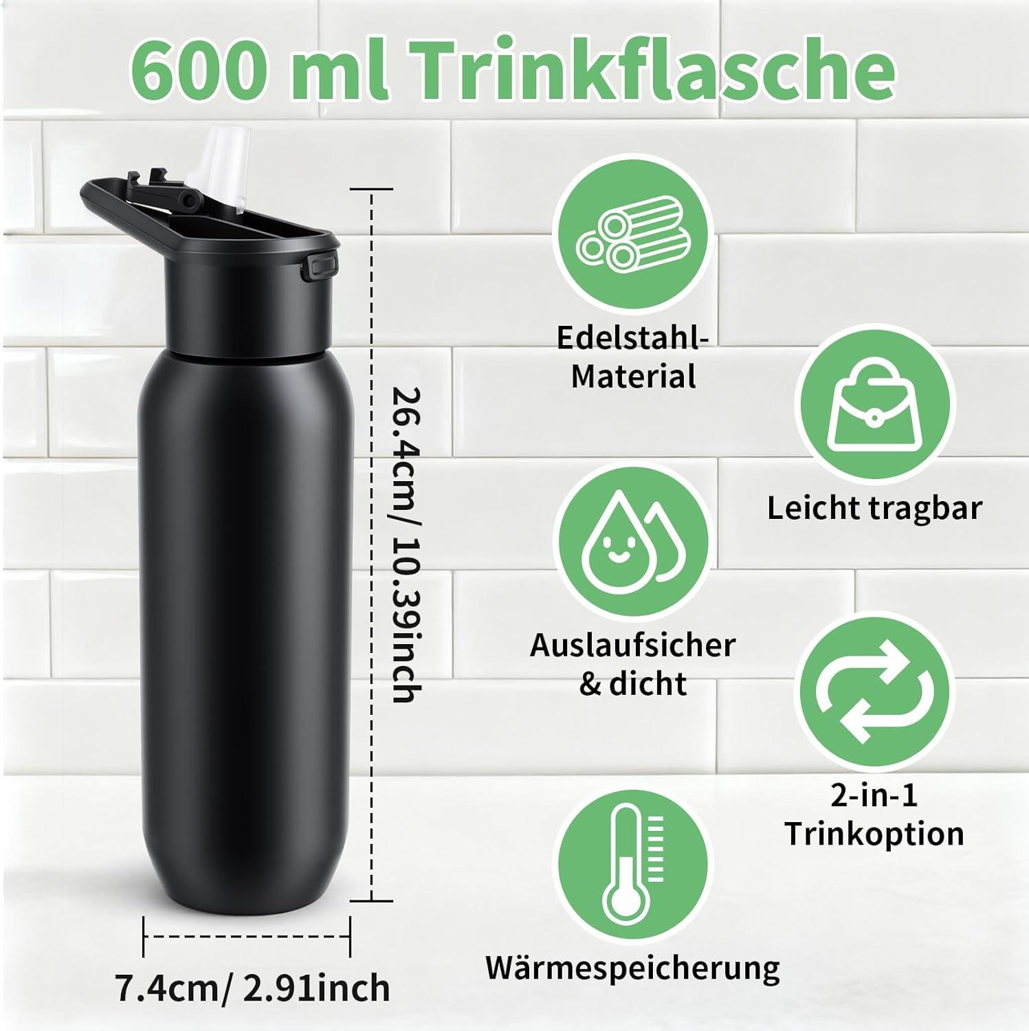 image:imageGourde Isotherme 600 ml Bouteille en Acier Inox avec Paille Mug Thermique Double Paroi Bouteille deau de Sport tanche Sans BPA pour Bureau cole Sport Voyage VertNoir