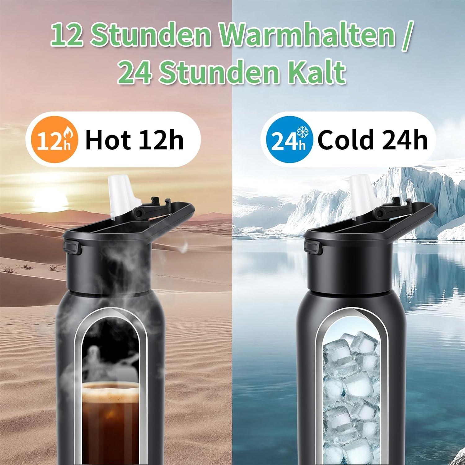 image:imageGourde Isotherme 600 ml Bouteille en Acier Inox avec Paille Mug Thermique Double Paroi Bouteille deau de Sport tanche Sans BPA pour Bureau cole Sport Voyage VertNoir