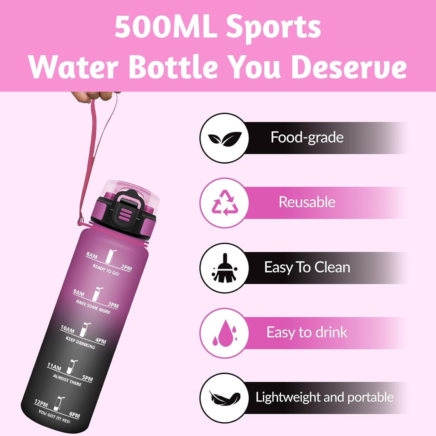 image:imageGourde Rutilisable Gourde Sport 1 Litre Slogans de Motivation Marqueur Horaire Bouteille tanche Portable Bouteille Deau pour Salle de Sport Vlo Bureau Extrieur coleViolet Noir 500ml