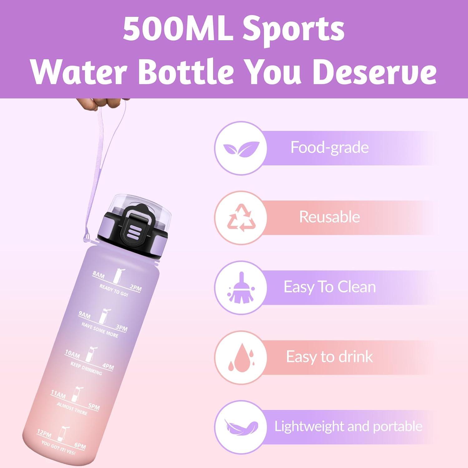 image:imageGourde Rutilisable Gourde Sport 1 Litre Slogans de Motivation Marqueur Horaire Bouteille tanche Portable Bouteille Deau pour Salle de Sport Vlo Bureau Extrieur coleIris Rose 500ml