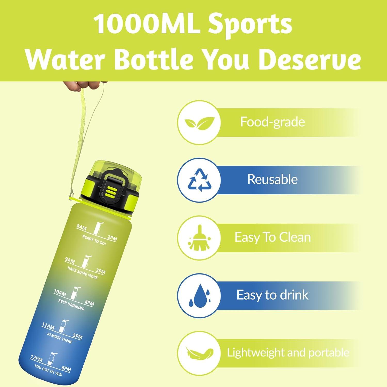 image:imageGourde Rutilisable Gourde Sport 1 Litre Slogans de Motivation Marqueur Horaire Bouteille tanche Portable Bouteille Deau pour Salle de Sport Vlo Bureau Extrieur coleJaune Bleu 1000ml