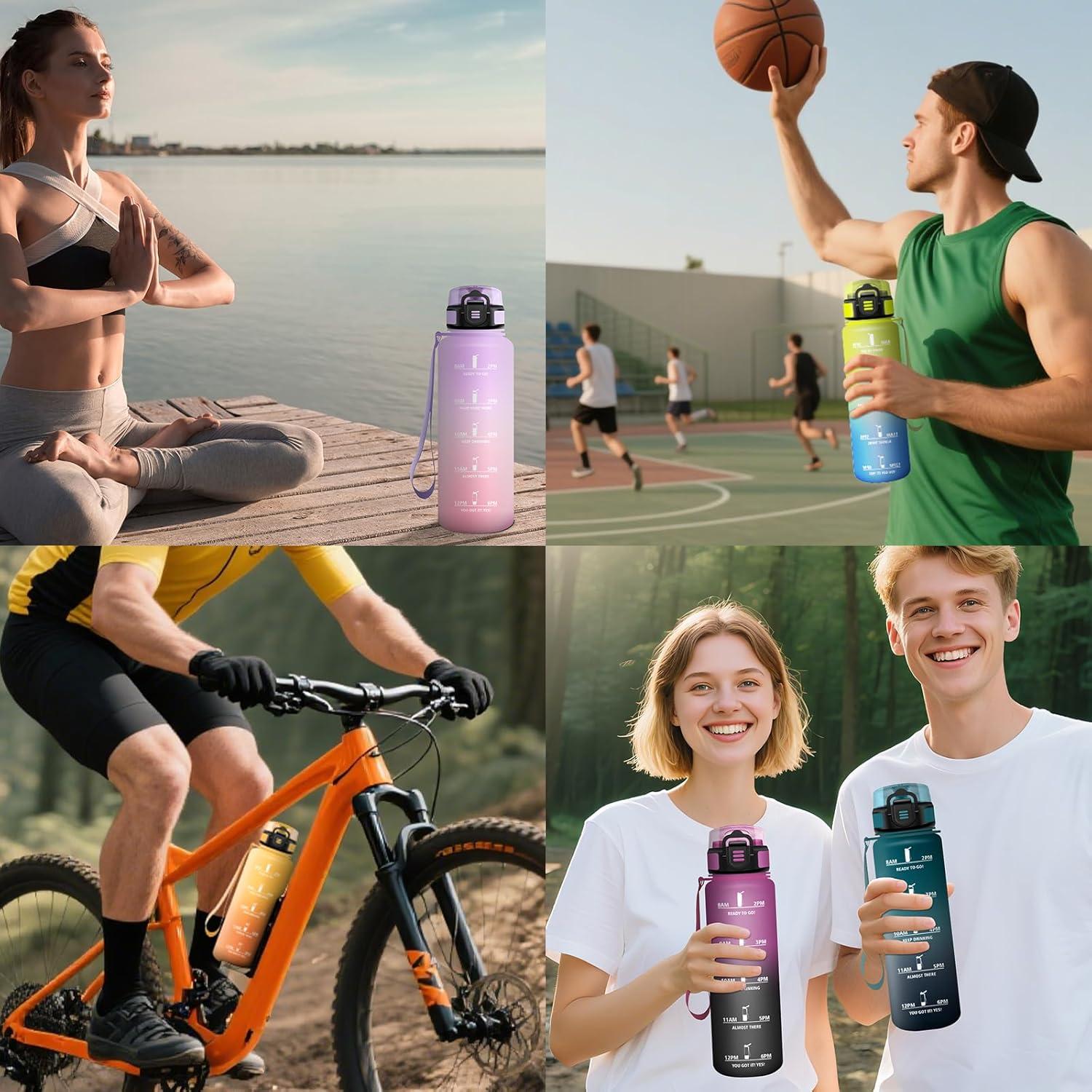 image:imageGourde Rutilisable Gourde Sport 1 Litre Slogans de Motivation Marqueur Horaire Bouteille tanche Portable Bouteille Deau pour Salle de Sport Vlo Bureau Extrieur coleIris Rose 1000ml