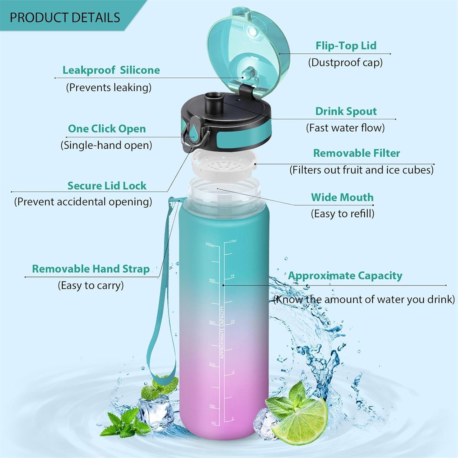 image:imageGourde Rutilisable Gourde Sport 1 Litre Slogans de Motivation Marqueur Horaire Bouteille tanche Portable Bouteille Deau pour Salle de Sport Vlo Bureau Extrieur coleGreenpowder With Label 500ml
