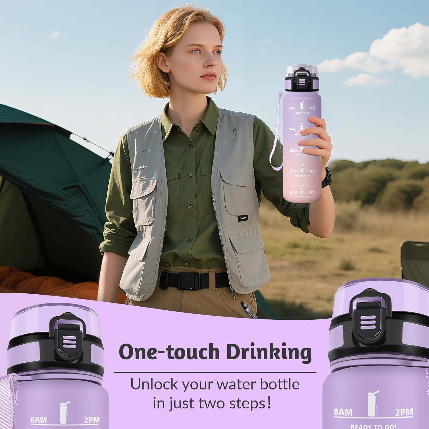 image:imageGourde Rutilisable Gourde Sport 1 Litre Slogans de Motivation Marqueur Horaire Bouteille tanche Portable Bouteille Deau pour Salle de Sport Vlo Bureau Extrieur coleIris Rose 1000ml