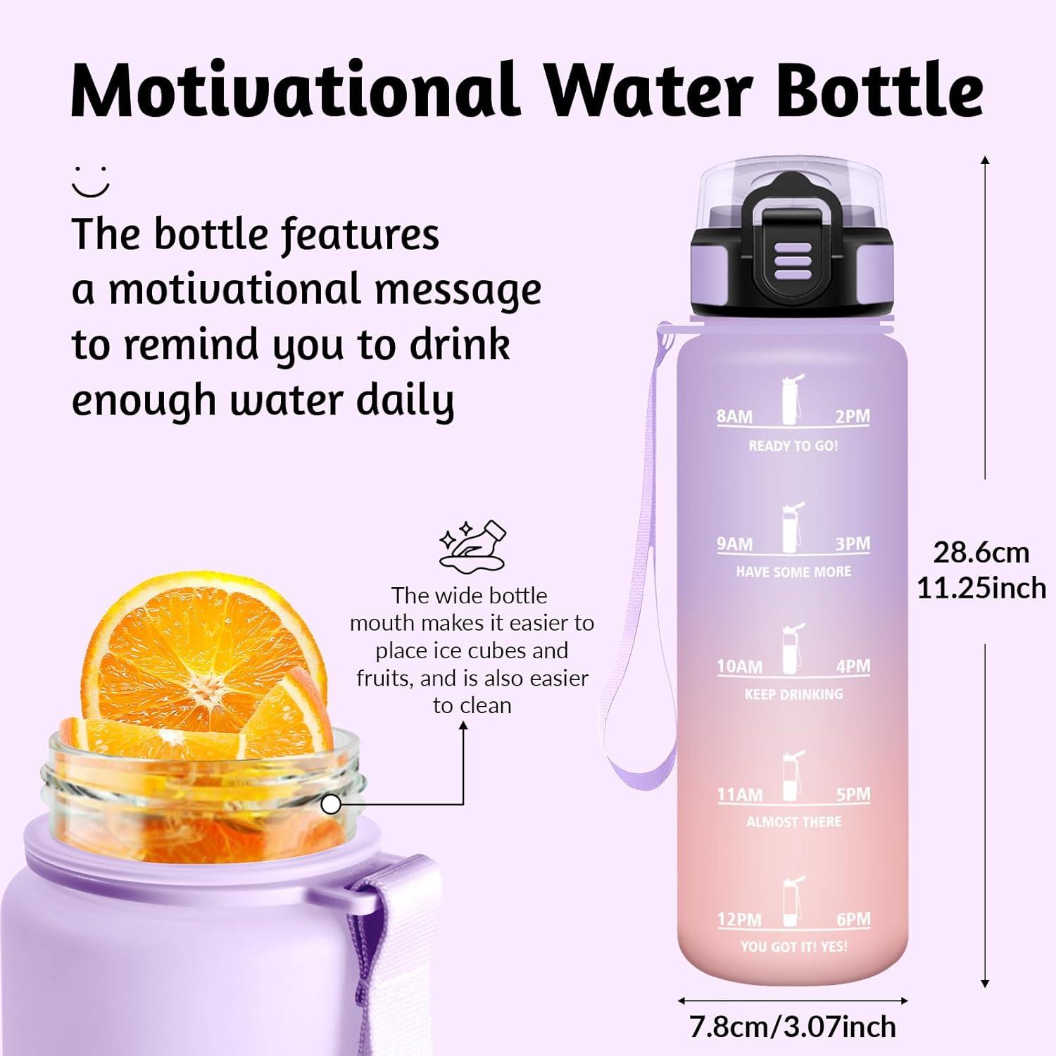 image:imageGourde Rutilisable Gourde Sport 1 Litre Slogans de Motivation Marqueur Horaire Bouteille tanche Portable Bouteille Deau pour Salle de Sport Vlo Bureau Extrieur coleIris Rose 1000ml
