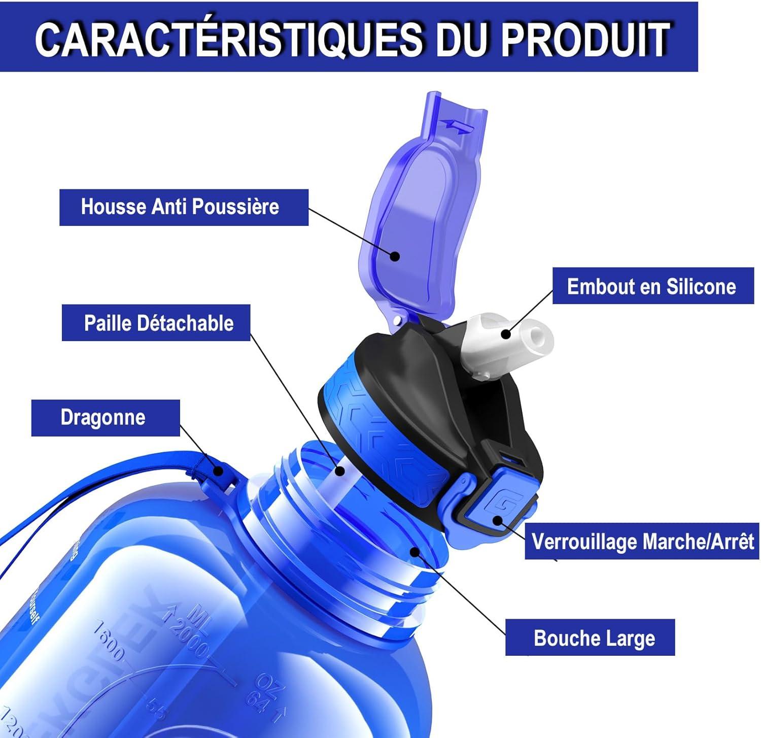 image:imageGrande Gourde 3 Litres sans BPA Bouteille Sport avec Paille pour Gymnase Maison Camping Extrieur Noir2 Litres Bleu