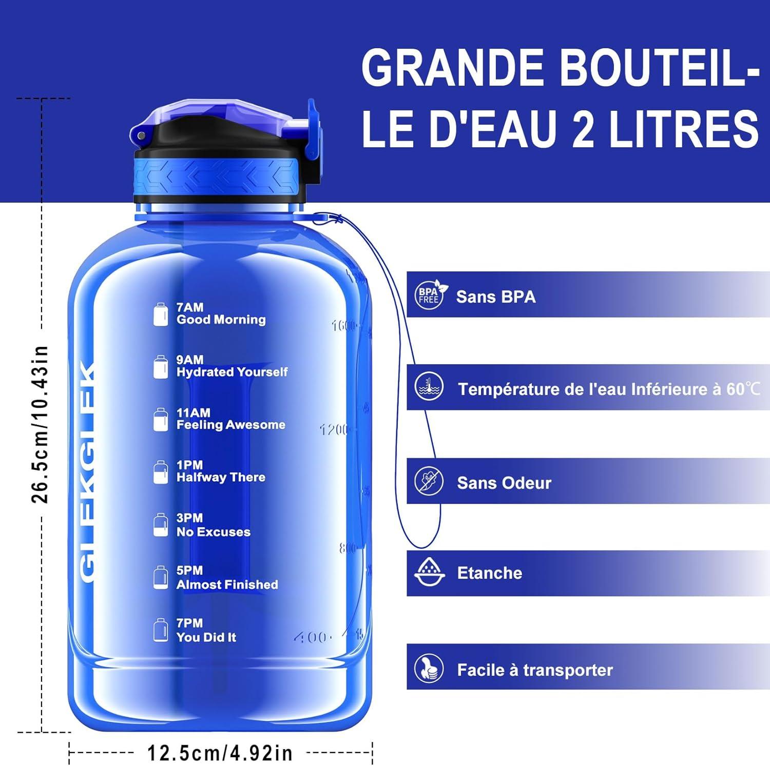 image:imageGrande Gourde 3 Litres sans BPA Bouteille Sport avec Paille pour Gymnase Maison Camping Extrieur Noir2 Litres Bleu