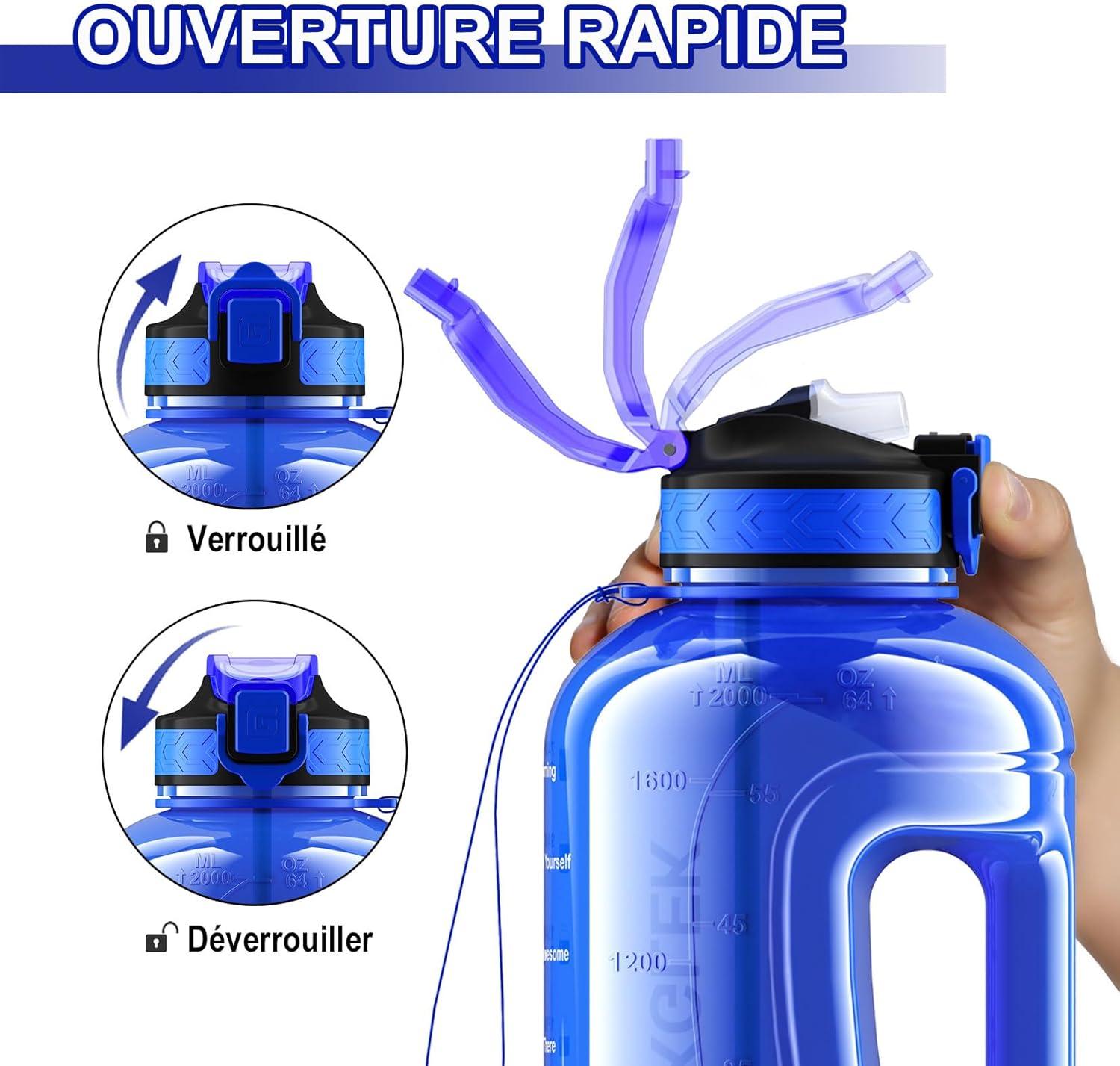 image:imageGrande Gourde 3 Litres sans BPA Bouteille Sport avec Paille pour Gymnase Maison Camping Extrieur Noir2 Litres Bleu