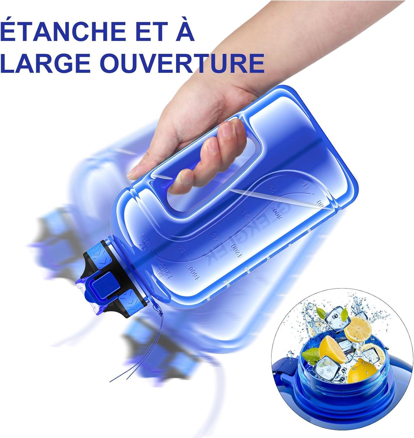 image:imageGrande Gourde 3 Litres sans BPA Bouteille Sport avec Paille pour Gymnase Maison Camping Extrieur Noir2 Litres Bleu