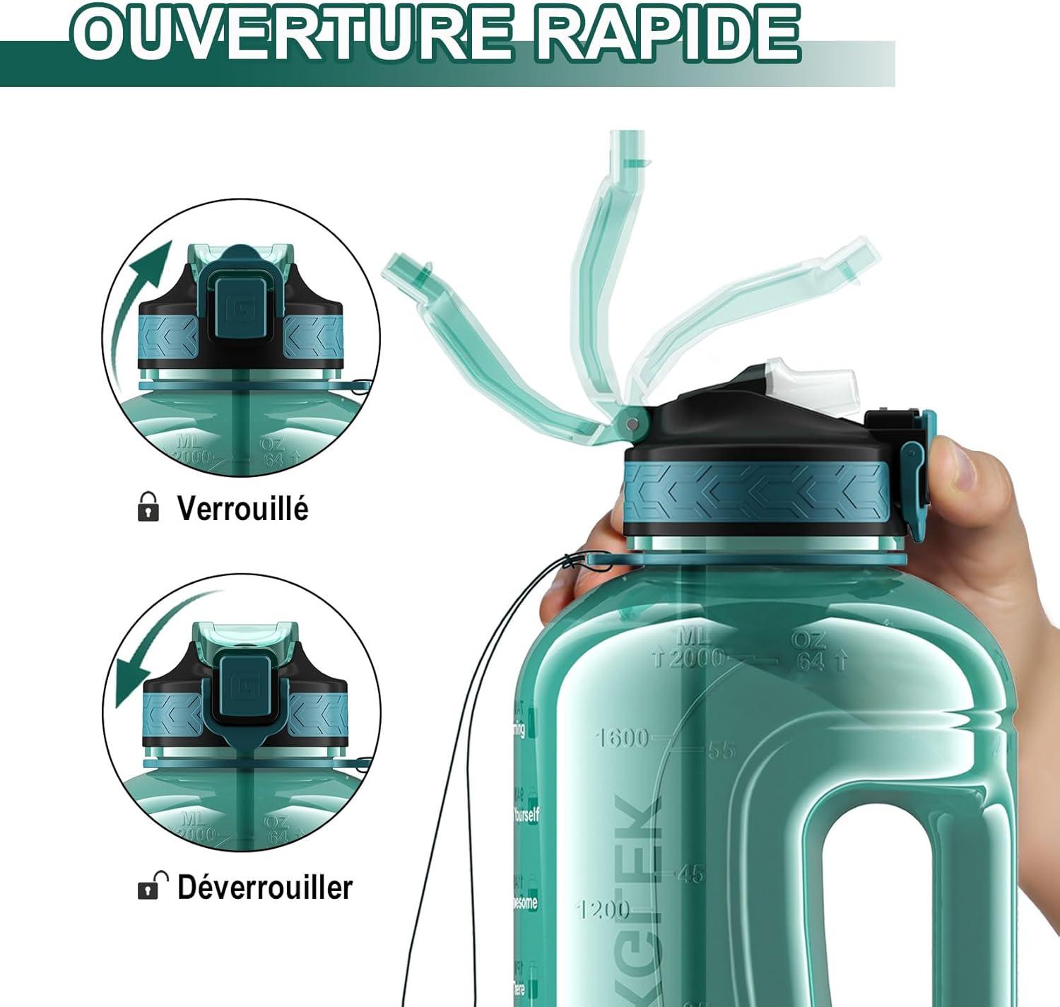 image:imageGrande Gourde 3 Litres sans BPA Bouteille Sport avec Paille pour Gymnase Maison Camping Extrieur Noir2 Litres Cyan