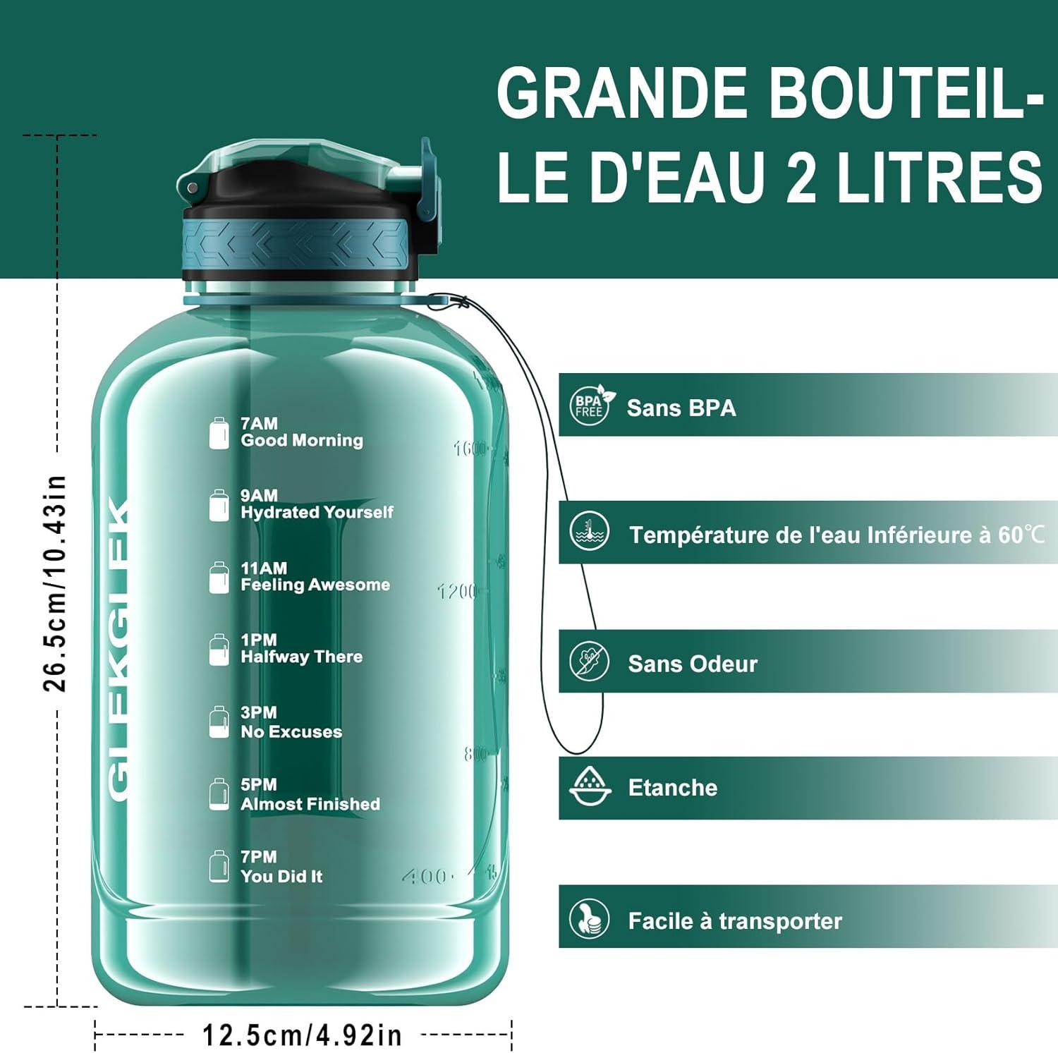image:imageGrande Gourde 3 Litres sans BPA Bouteille Sport avec Paille pour Gymnase Maison Camping Extrieur Noir2 Litres Cyan