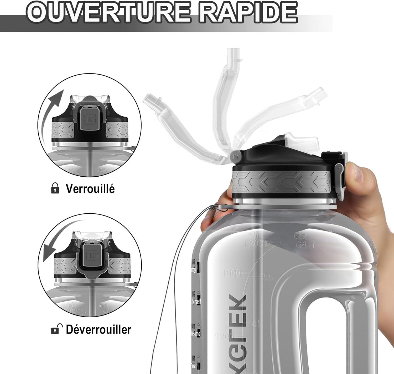 image:imageGrande Gourde 3 Litres sans BPA Bouteille Sport avec Paille pour Gymnase Maison Camping Extrieur Noir2 Litres Gris