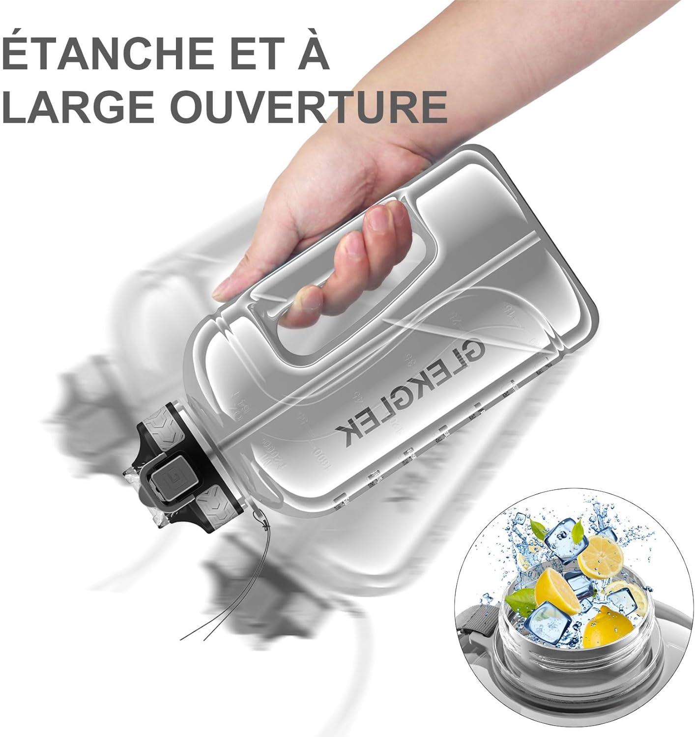 image:imageGrande Gourde 3 Litres sans BPA Bouteille Sport avec Paille pour Gymnase Maison Camping Extrieur Noir2 Litres Gris