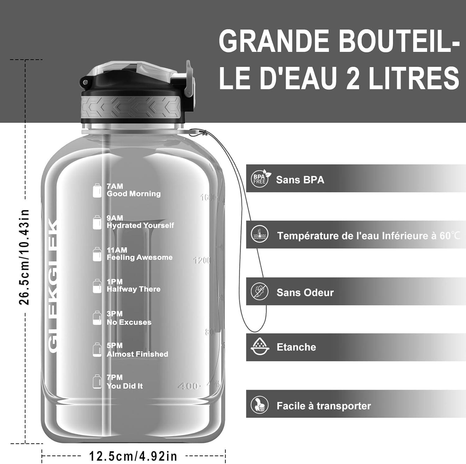 image:imageGrande Gourde 3 Litres sans BPA Bouteille Sport avec Paille pour Gymnase Maison Camping Extrieur Noir2 Litres Gris