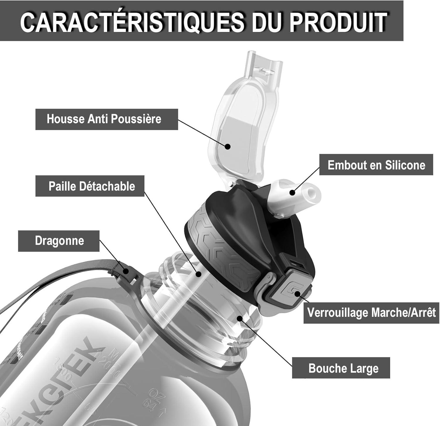 image:imageGrande Gourde 3 Litres sans BPA Bouteille Sport avec Paille pour Gymnase Maison Camping Extrieur Noir2 Litres Gris