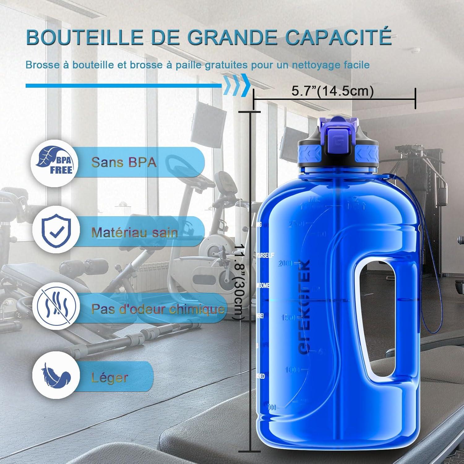 image:imageGrande Gourde 3 Litres sans BPA Bouteille Sport avec Paille pour Gymnase Maison Camping Extrieur Noir3 Litres Bleu