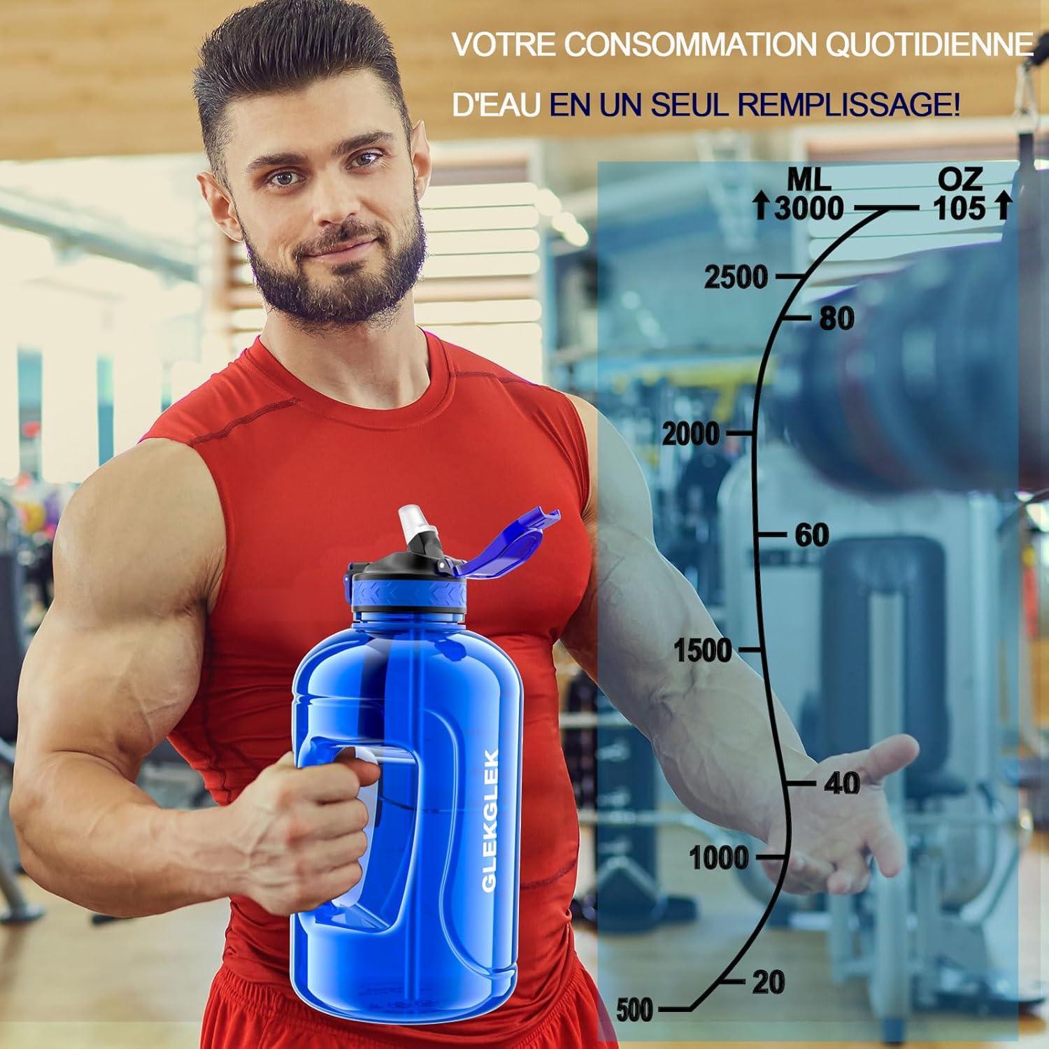 image:imageGrande Gourde 3 Litres sans BPA Bouteille Sport avec Paille pour Gymnase Maison Camping Extrieur Noir3 Litres Bleu