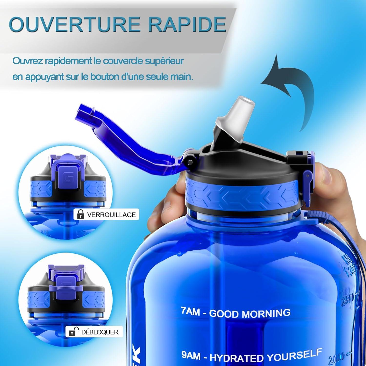 image:imageGrande Gourde 3 Litres sans BPA Bouteille Sport avec Paille pour Gymnase Maison Camping Extrieur Noir3 Litres Bleu