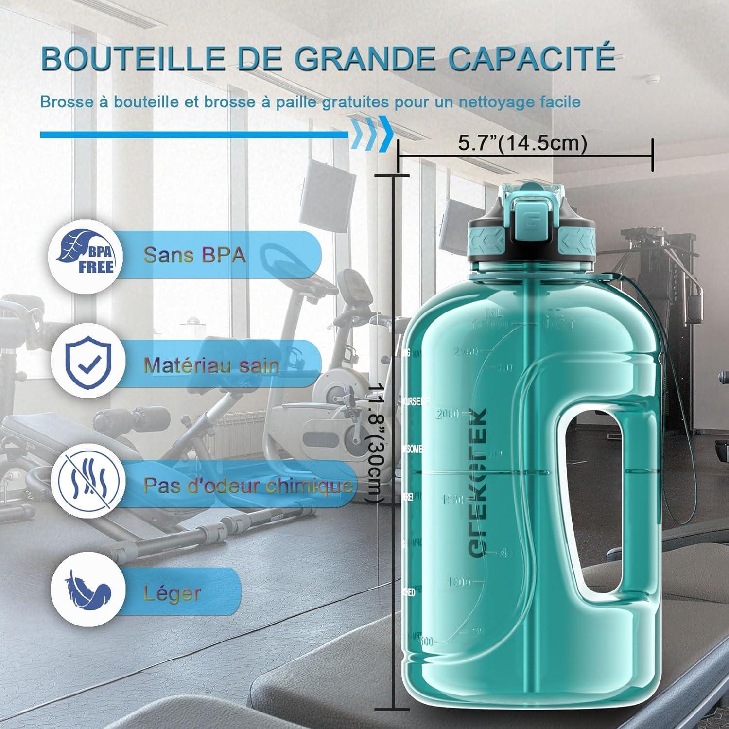 image:imageGrande Gourde 3 Litres sans BPA Bouteille Sport avec Paille pour Gymnase Maison Camping Extrieur Noir3 Litres Cyan