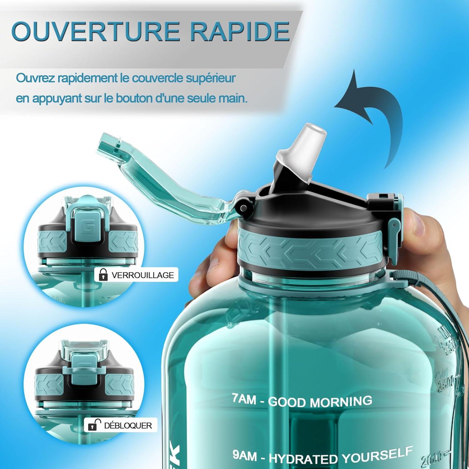 image:imageGrande Gourde 3 Litres sans BPA Bouteille Sport avec Paille pour Gymnase Maison Camping Extrieur Noir3 Litres Cyan