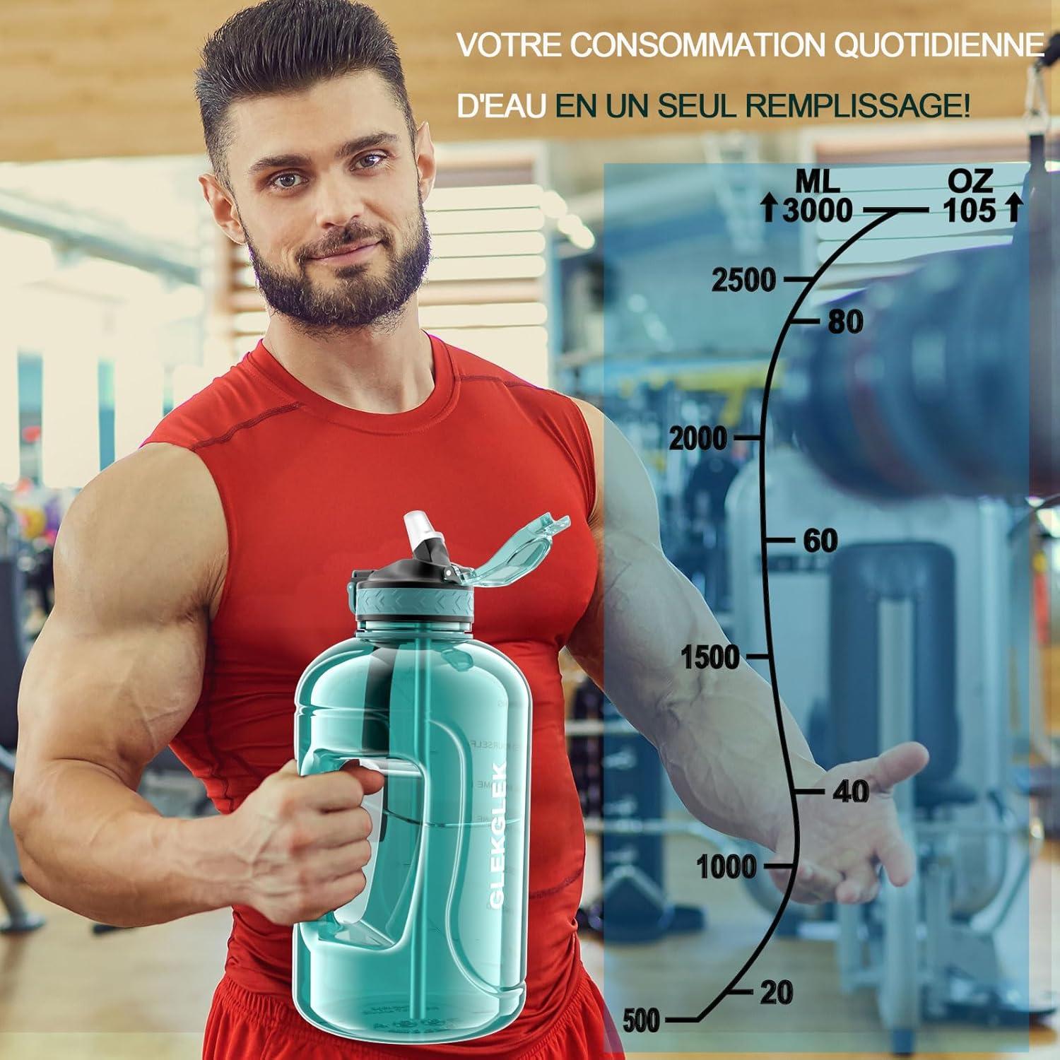 image:imageGrande Gourde 3 Litres sans BPA Bouteille Sport avec Paille pour Gymnase Maison Camping Extrieur Noir3 Litres Cyan