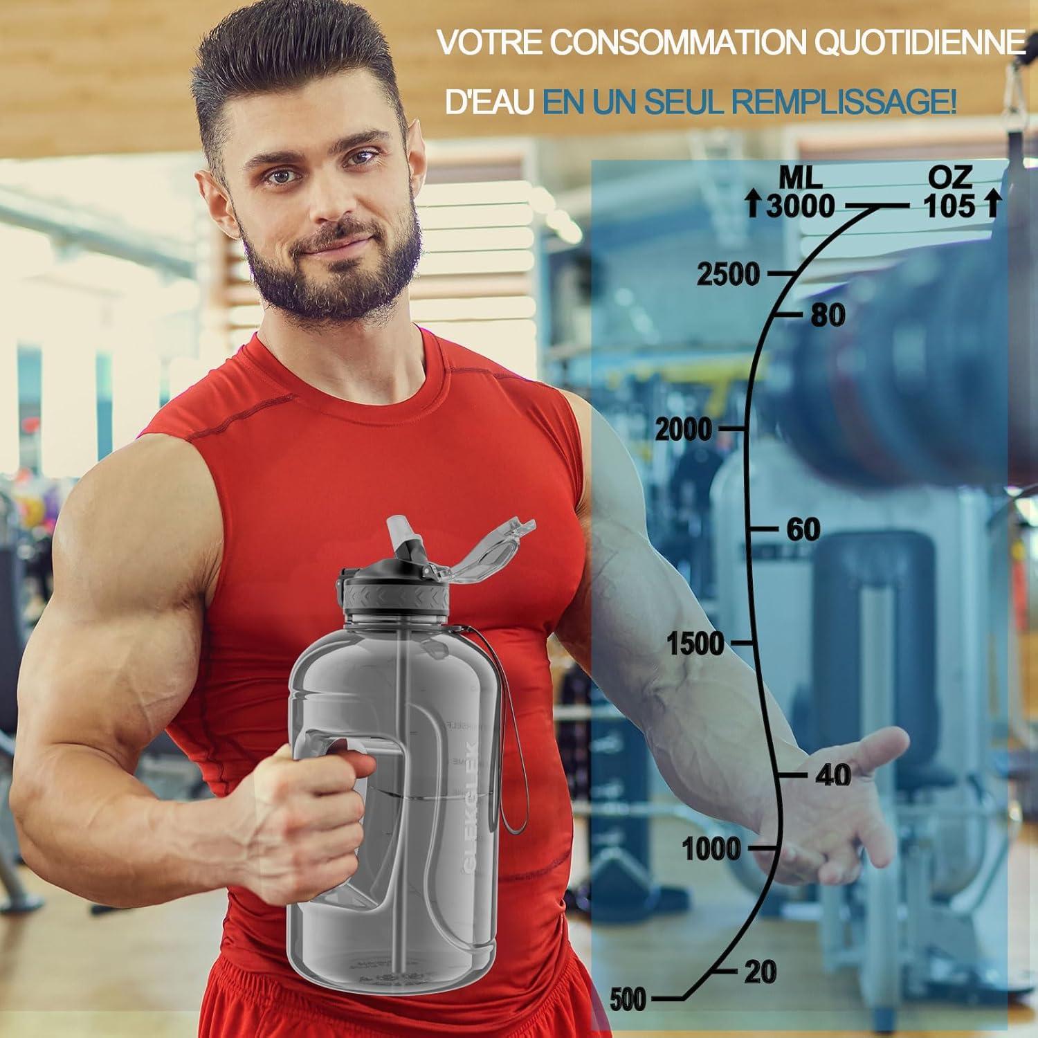 image:imageGrande Gourde 3 Litres sans BPA Bouteille Sport avec Paille pour Gymnase Maison Camping Extrieur Noir3 Litres Gris