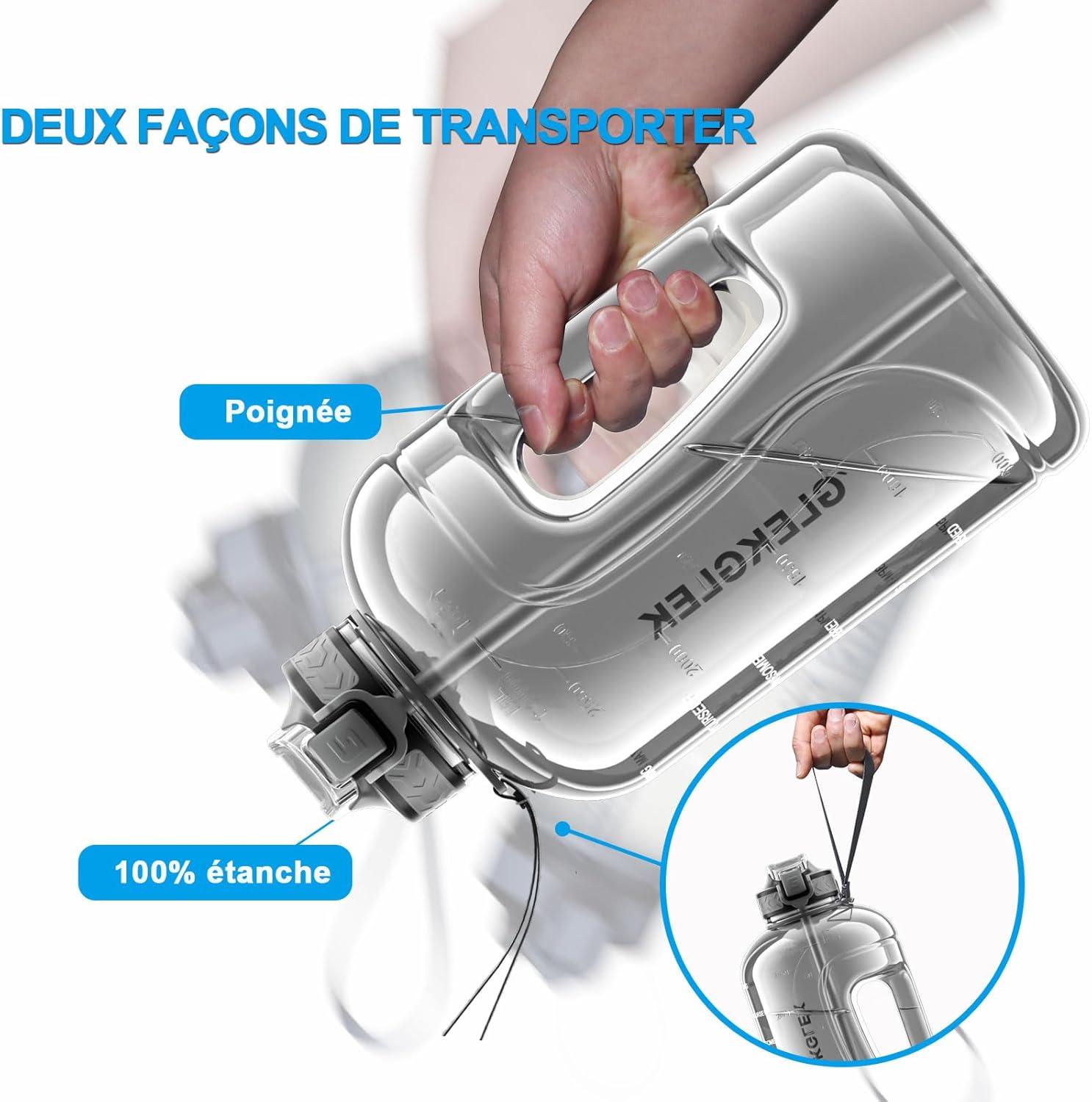 image:imageGrande Gourde 3 Litres sans BPA Bouteille Sport avec Paille pour Gymnase Maison Camping Extrieur Noir3 Litres Gris