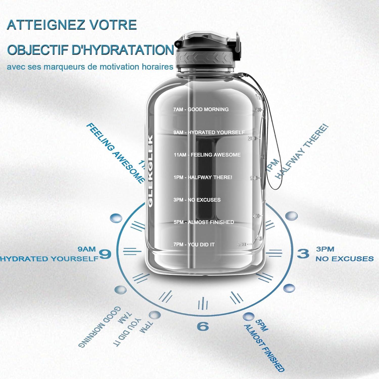 image:imageGrande Gourde 3 Litres sans BPA Bouteille Sport avec Paille pour Gymnase Maison Camping Extrieur Noir3 Litres Gris