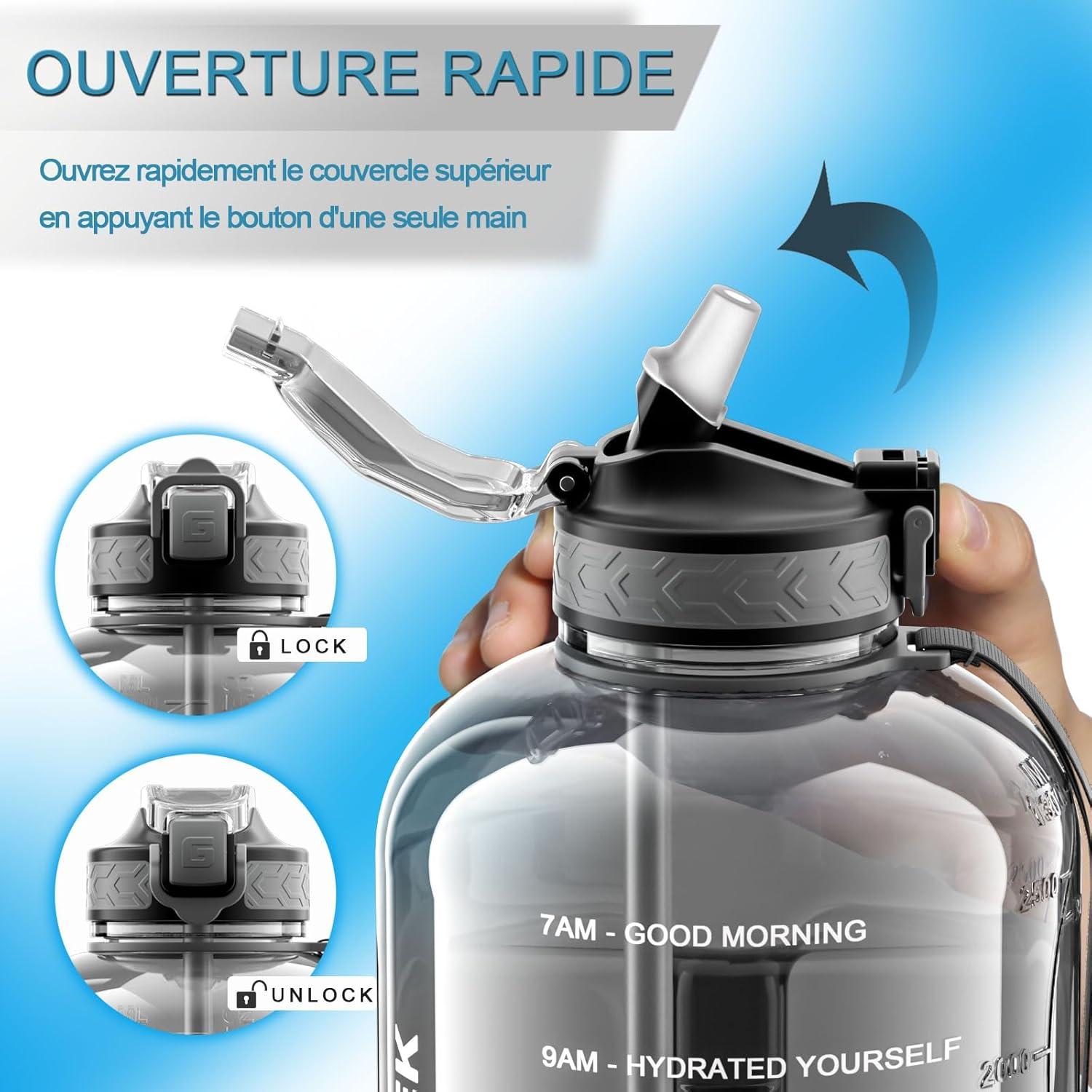 image:imageGrande Gourde 3 Litres sans BPA Bouteille Sport avec Paille pour Gymnase Maison Camping Extrieur Noir3 Litres Gris