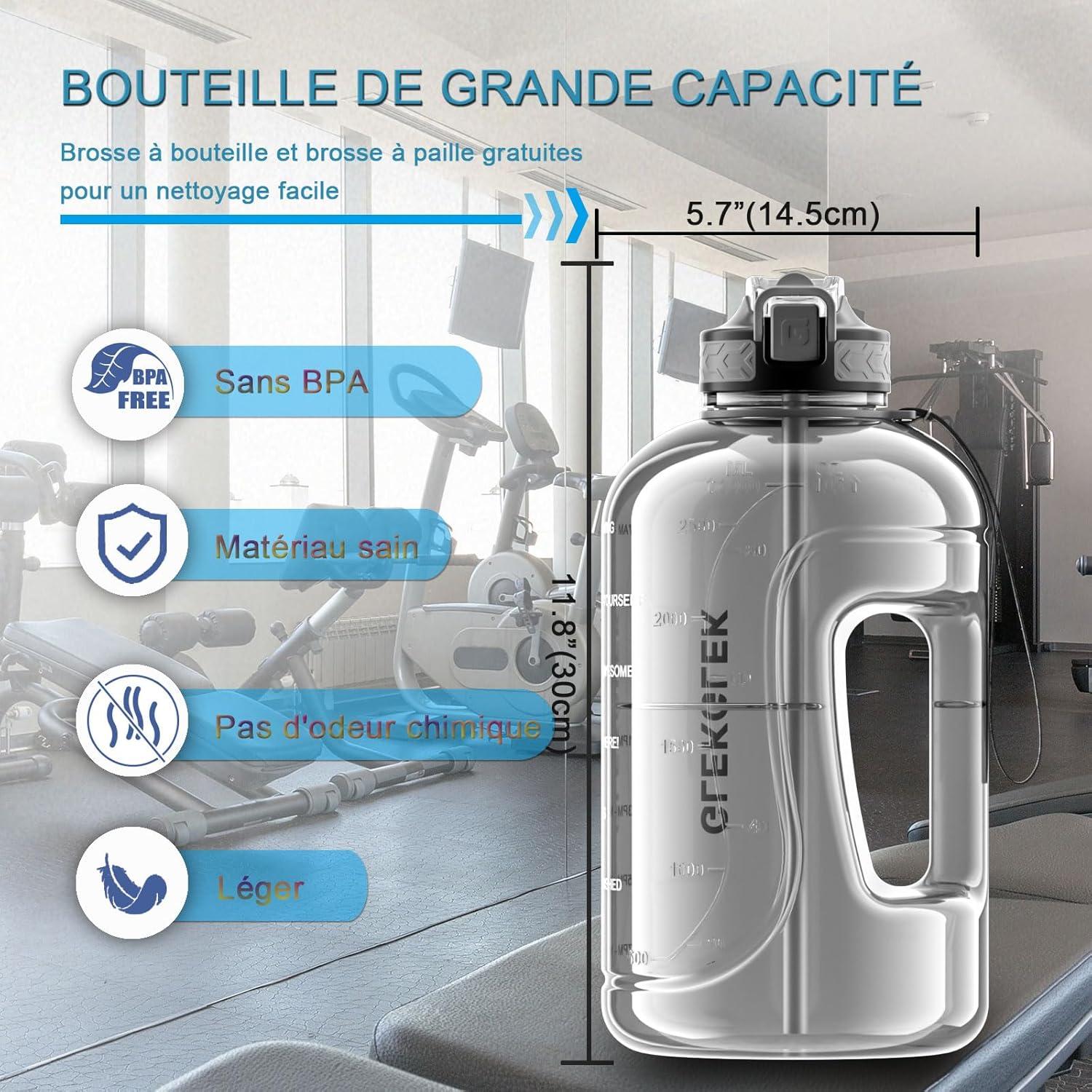 image:imageGrande Gourde 3 Litres sans BPA Bouteille Sport avec Paille pour Gymnase Maison Camping Extrieur Noir3 Litres Gris