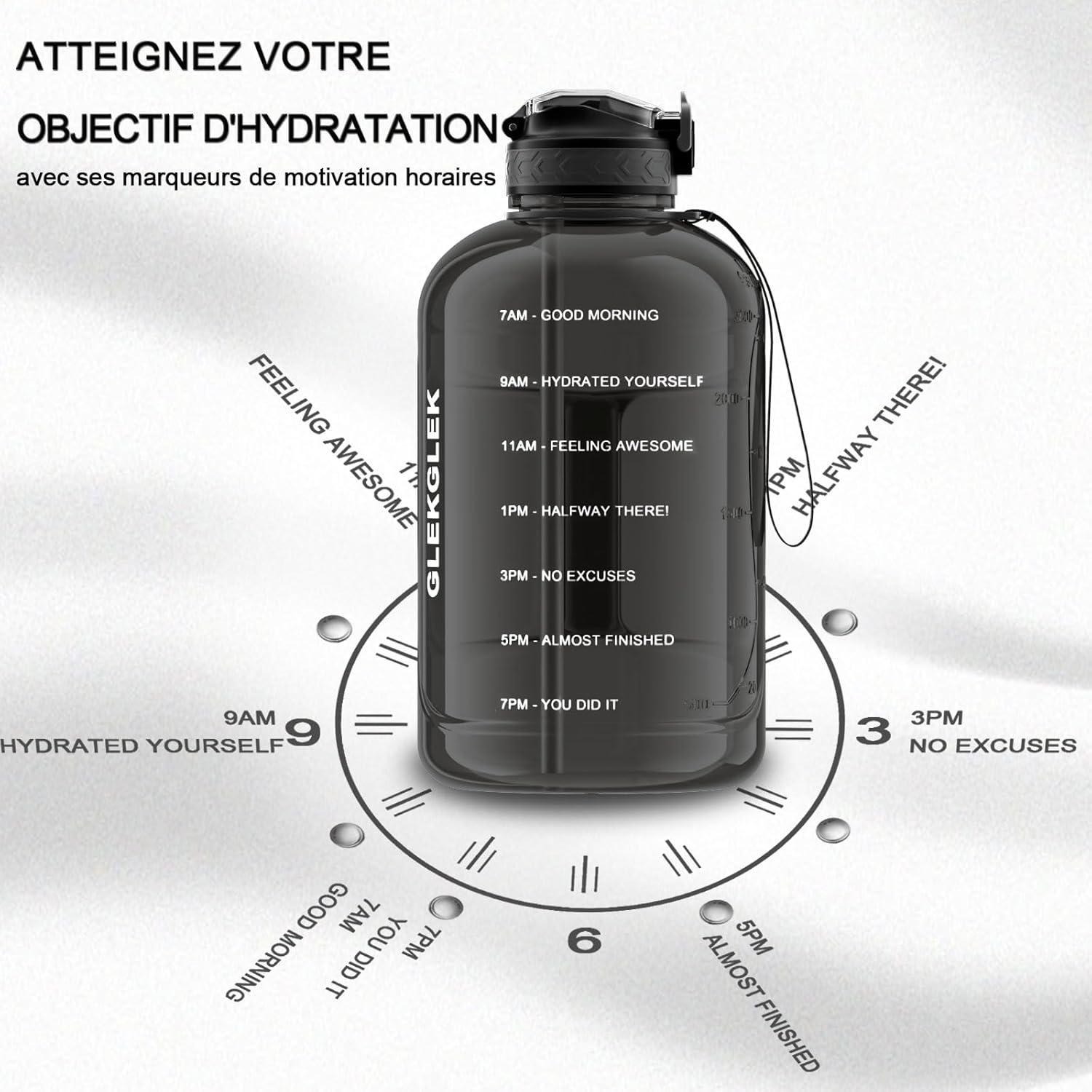 image:imageGrande Gourde 3 Litres sans BPA Bouteille Sport avec Paille pour Gymnase Maison Camping Extrieur Noir3 Litres Noir