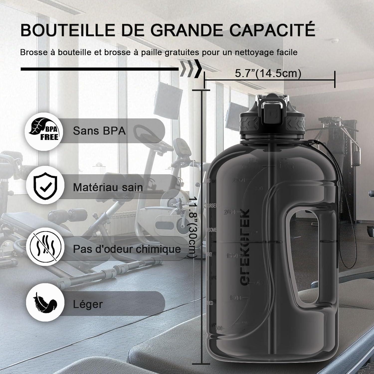 image:imageGrande Gourde 3 Litres sans BPA Bouteille Sport avec Paille pour Gymnase Maison Camping Extrieur Noir3 Litres Noir