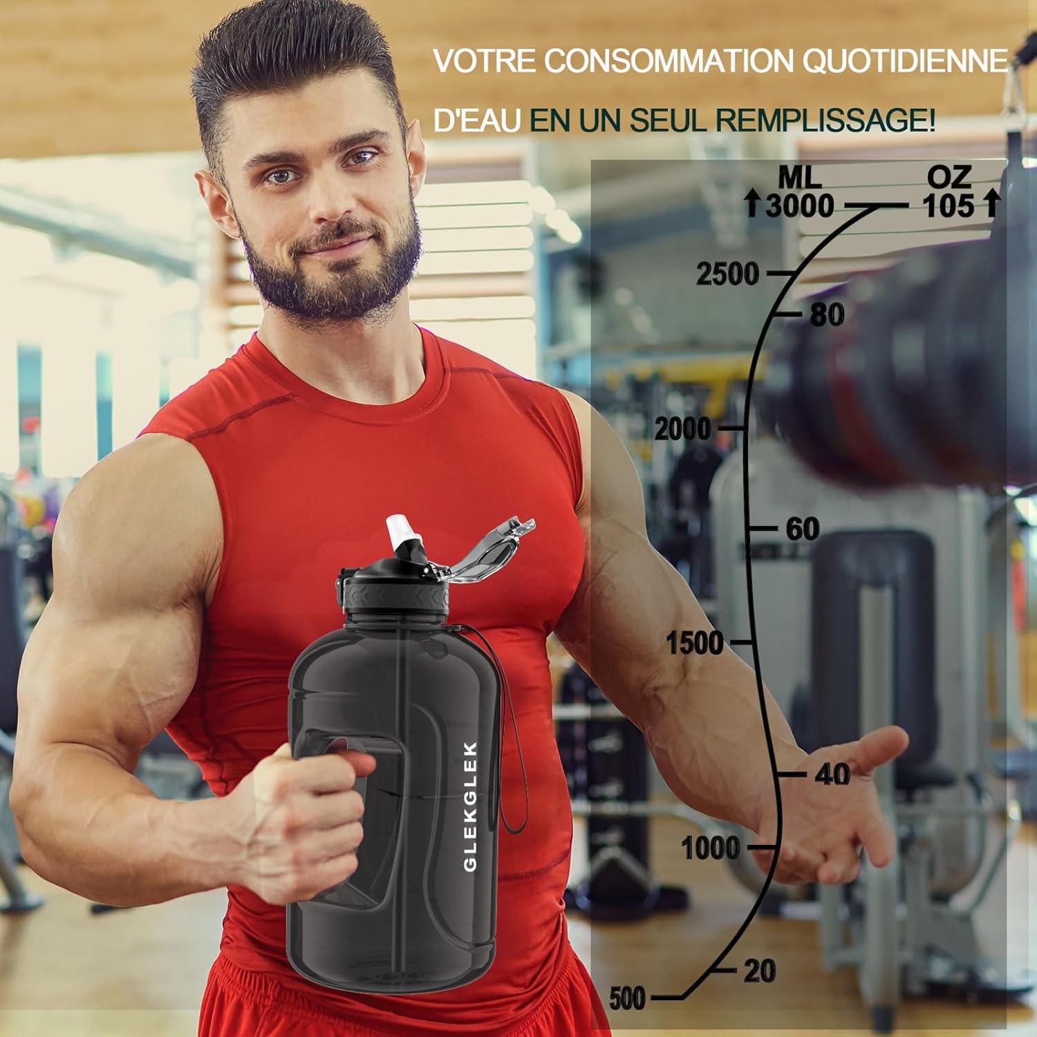 image:imageGrande Gourde 3 Litres sans BPA Bouteille Sport avec Paille pour Gymnase Maison Camping Extrieur Noir3 Litres Noir