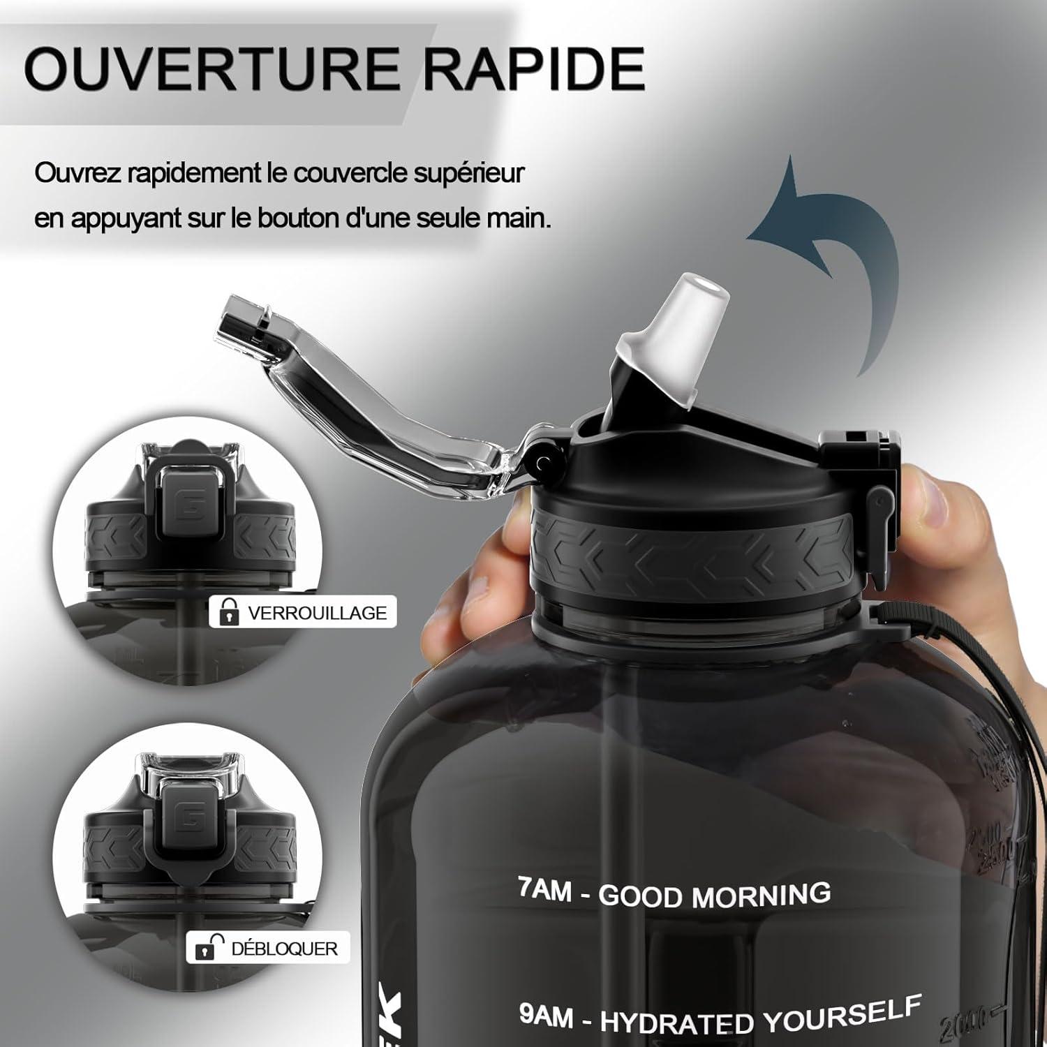 image:imageGrande Gourde 3 Litres sans BPA Bouteille Sport avec Paille pour Gymnase Maison Camping Extrieur Noir3 Litres Noir