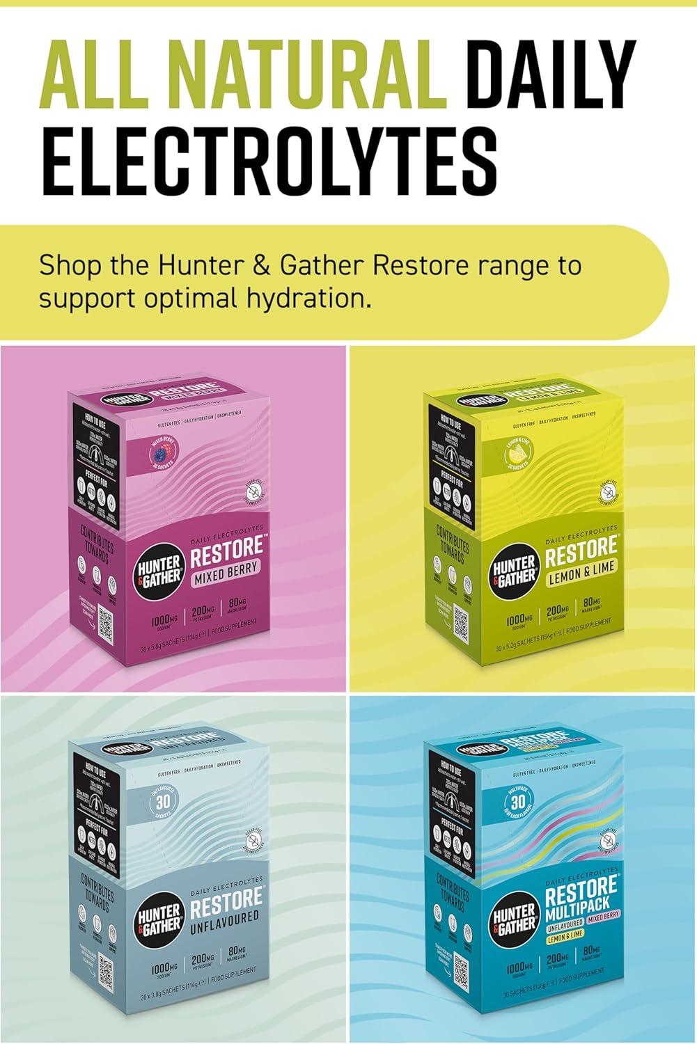 image:imageHunter ampamp Gather Restore Electrolytes Lot de 30 sachets de poudre I Citron et citron vert Sans sucre I Hydration 100 naturelle I Rapport minral optimal I avec sel rose de lHimalaya I Cto ICitron et citron vert