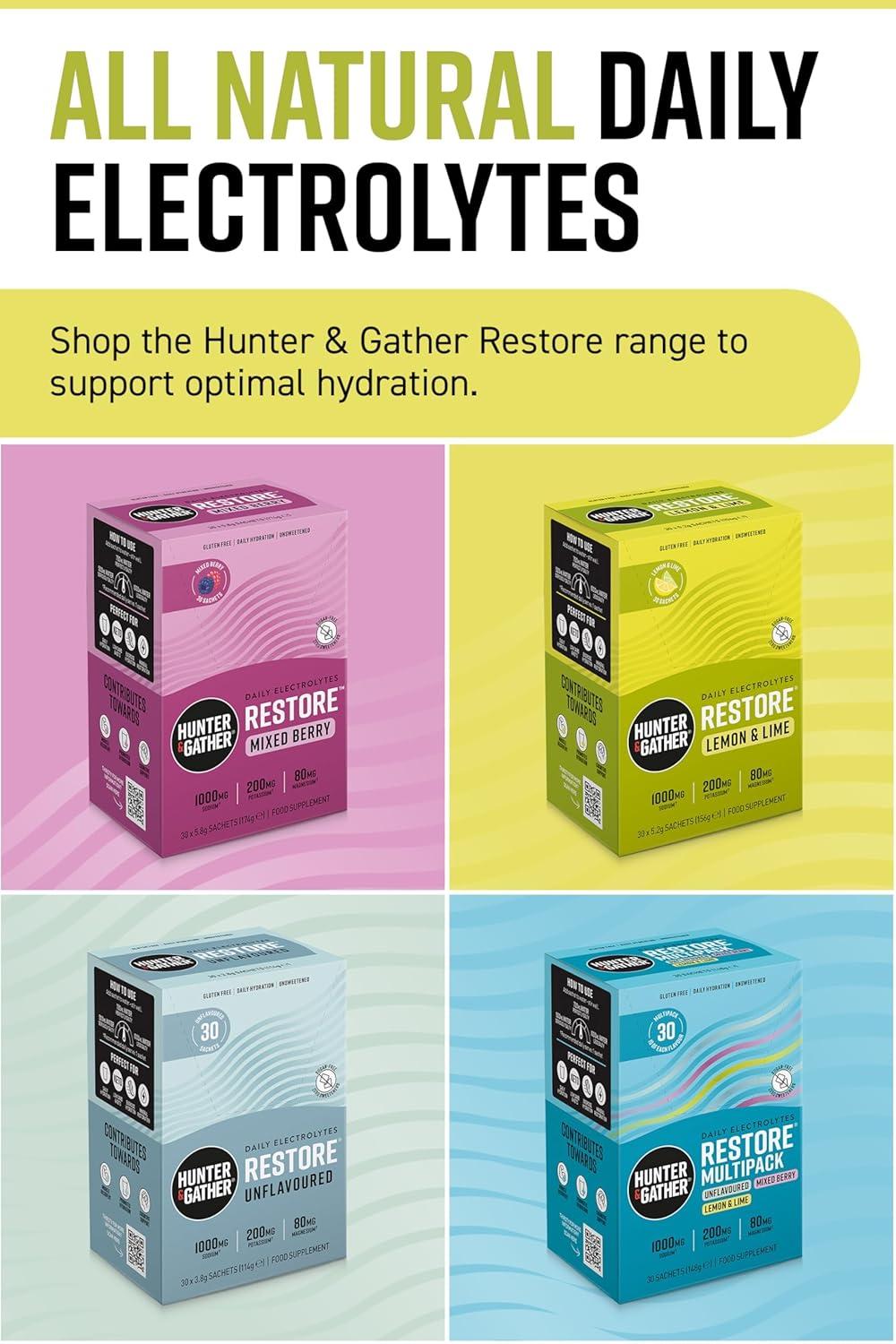image:imageHunter ampamp Gather Restore Electrolytes Lot de 30 sachets de poudre I Citron et citron vert Sans sucre I Hydration 100 naturelle I Rapport minral optimal I avec sel rose de lHimalaya I Cto ICitron et citron vert