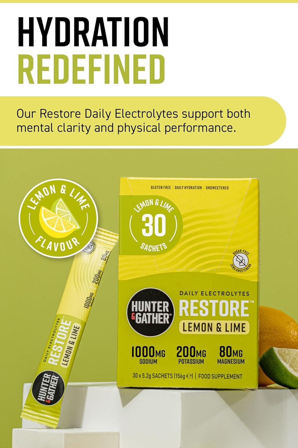 image:imageHunter ampamp Gather Restore Electrolytes Lot de 30 sachets de poudre I Citron et citron vert Sans sucre I Hydration 100 naturelle I Rapport minral optimal I avec sel rose de lHimalaya I Cto ICitron et citron vert