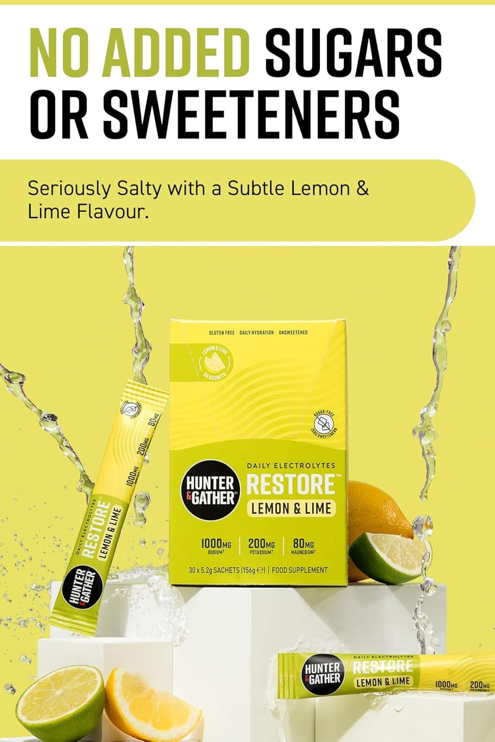 image:imageHunter ampamp Gather Restore Electrolytes Lot de 30 sachets de poudre I Citron et citron vert Sans sucre I Hydration 100 naturelle I Rapport minral optimal I avec sel rose de lHimalaya I Cto ICitron et citron vert