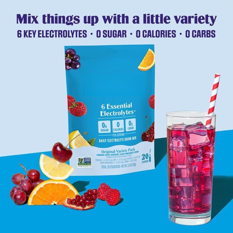 image:imageMlange de boissons en poudre quotidienne dlectrolyte Sans sucre Varit dorigine 20 stickpacks lectrolytes et minraux Ketofriendly vgtalien sans OGM