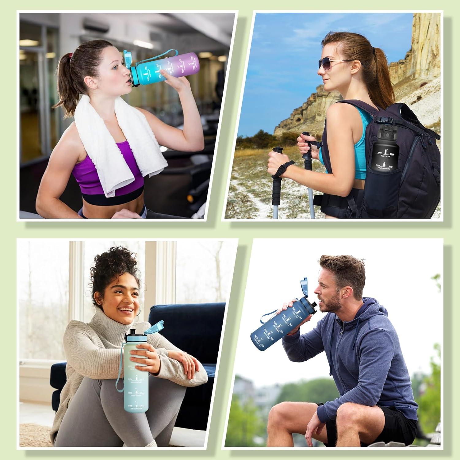 image:imageMotswedi Gourde 1l AntiFuite Gourde Sport avec Marqueur de Temps Bouteille deau Rutilisable Bouteille pour Sport Randonne Yoga Fitness Noir RougeBlanc Cass Bleu Clair