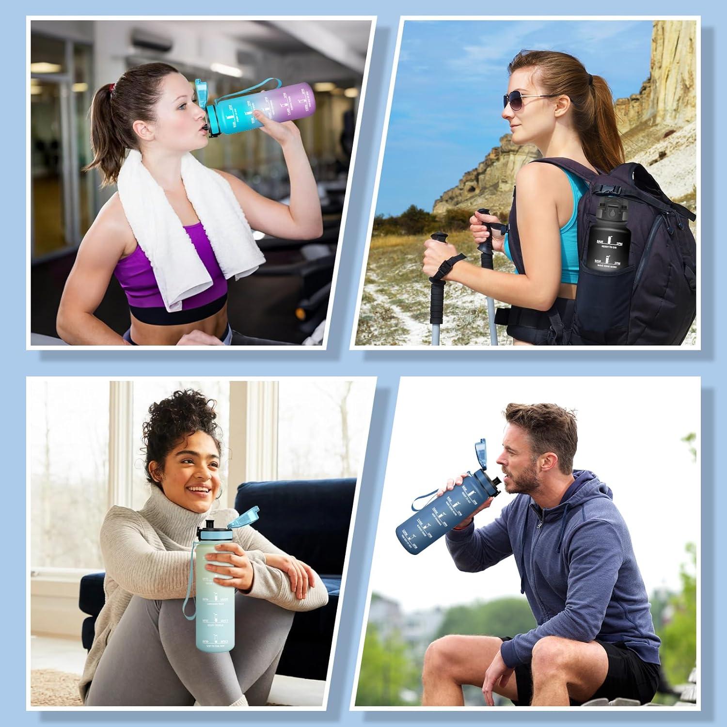 image:imageMotswedi Gourde 1l AntiFuite Gourde Sport avec Marqueur de Temps Bouteille deau Rutilisable Bouteille pour Sport Randonne Yoga Fitness Noir RougeBleu Fonc