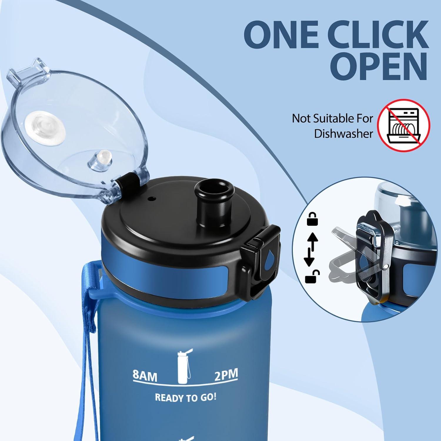 image:imageMotswedi Gourde 1l AntiFuite Gourde Sport avec Marqueur de Temps Bouteille deau Rutilisable Bouteille pour Sport Randonne Yoga Fitness Noir RougeBleu Fonc