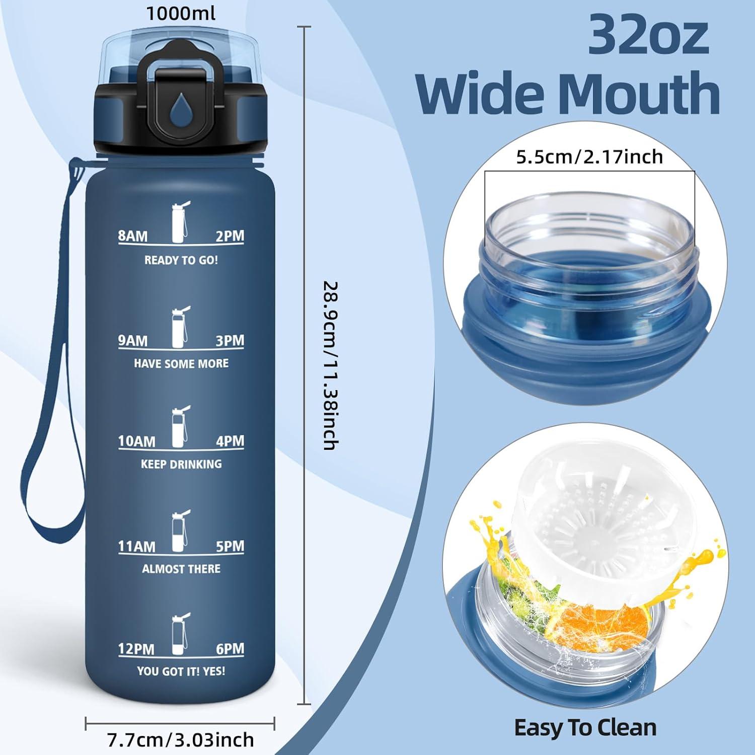 image:imageMotswedi Gourde 1l AntiFuite Gourde Sport avec Marqueur de Temps Bouteille deau Rutilisable Bouteille pour Sport Randonne Yoga Fitness Noir RougeBleu Fonc
