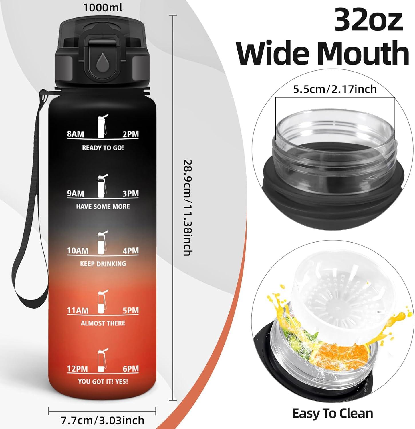 image:imageMotswedi Gourde 1l AntiFuite Gourde Sport avec Marqueur de Temps Bouteille deau Rutilisable Bouteille pour Sport Randonne Yoga Fitness Noir RougeNoir Rouge