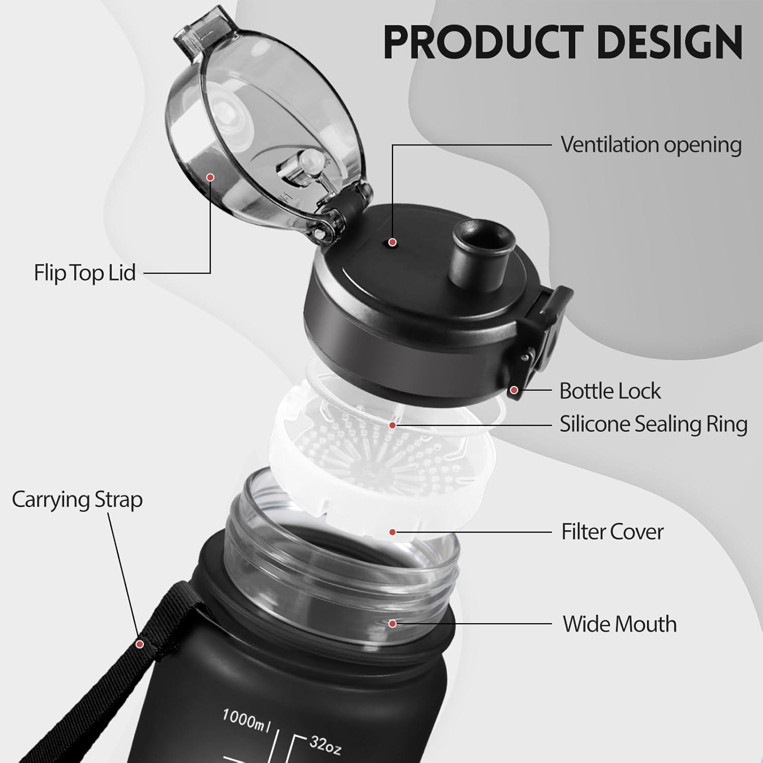 image:imageMotswedi Gourde 1l AntiFuite Gourde Sport avec Marqueur de Temps Bouteille deau Rutilisable Bouteille pour Sport Randonne Yoga Fitness Noir RougeNoir Rouge