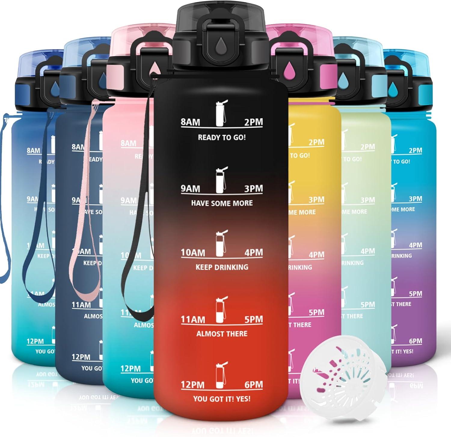 image:imageMotswedi Gourde 1l AntiFuite Gourde Sport avec Marqueur de Temps Bouteille deau Rutilisable Bouteille pour Sport Randonne Yoga Fitness Noir RougeNoir Rouge