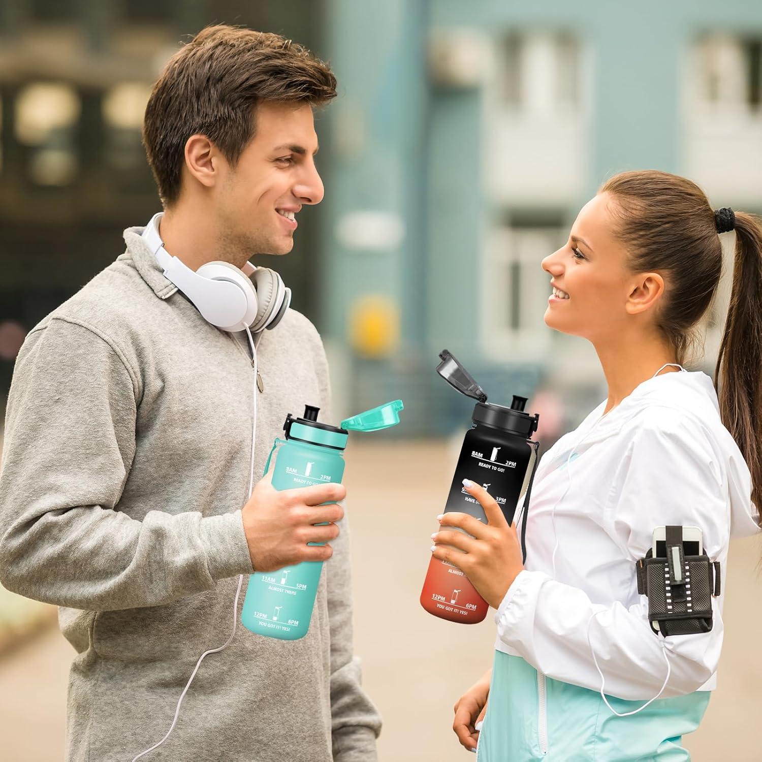 image:imageMotswedi Gourde 1l AntiFuite Gourde Sport avec Marqueur de Temps Bouteille deau Rutilisable Bouteille pour Sport Randonne Yoga Fitness Noir RougeNoir Rouge